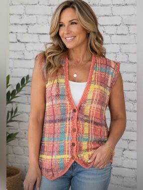 VINTAGE LYNN NOVAK HAND KNITTED COTTON LINEN VEST Small 80’s Retro Granny
